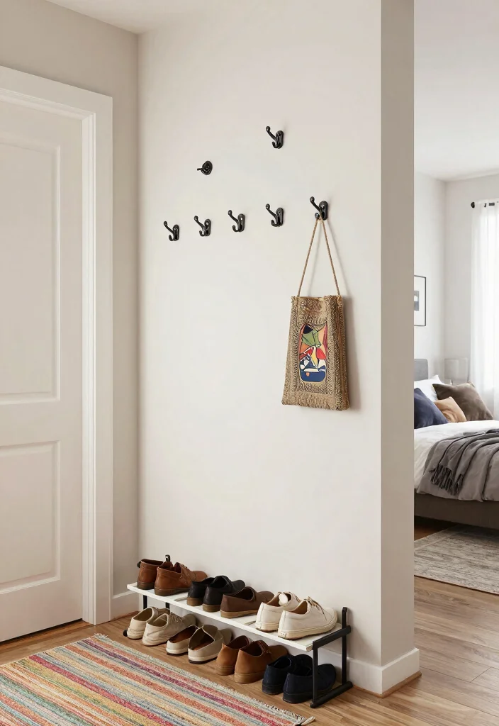 10 Bedroom Entryway Ideas for Open Layout Homes 4. Utilize Wall Space with Hooks and Racks 0