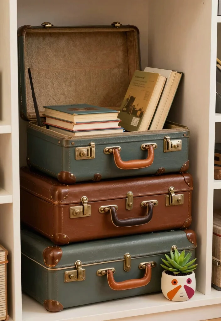 10 Bookshelves Closet Ideas for Storage That Doubles as Display 2. Vintage Suitcases as Storage 0