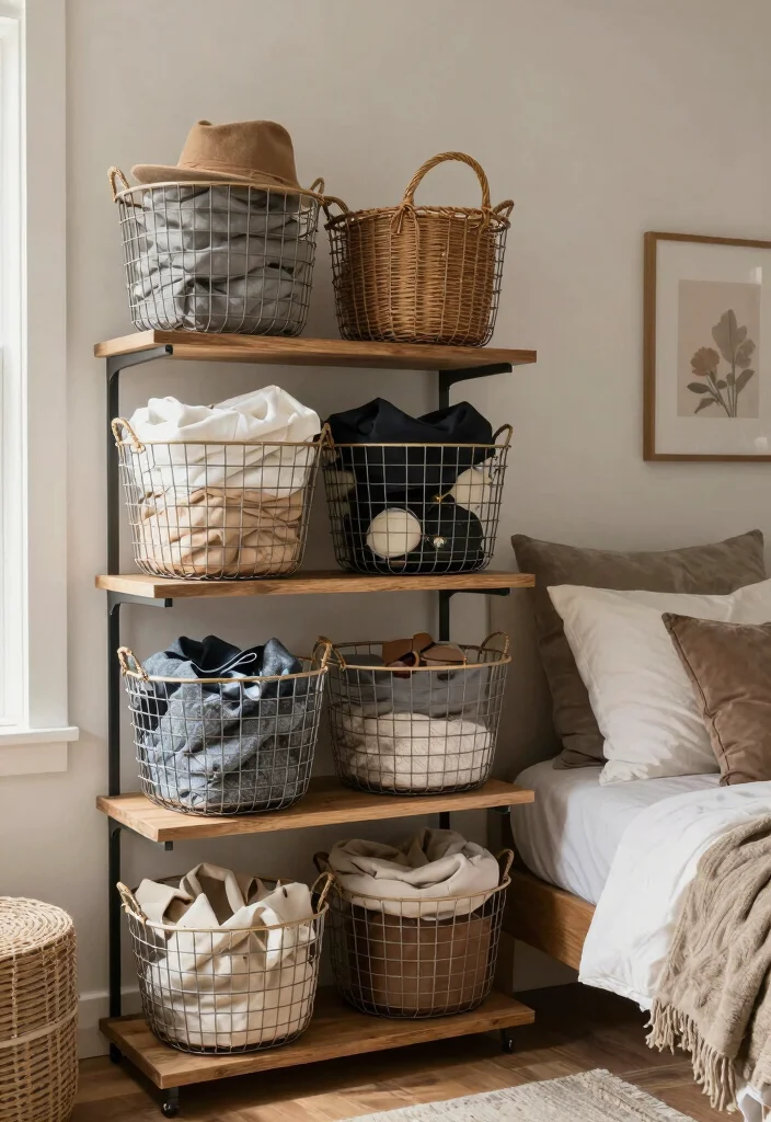 10 Closet Without Doors Ideas for Open and Airy Bedrooms 26 10 Closet Without Doors Ideas for Open and Airy Bedrooms 6. Wire Baskets for a Rustic Touch 0