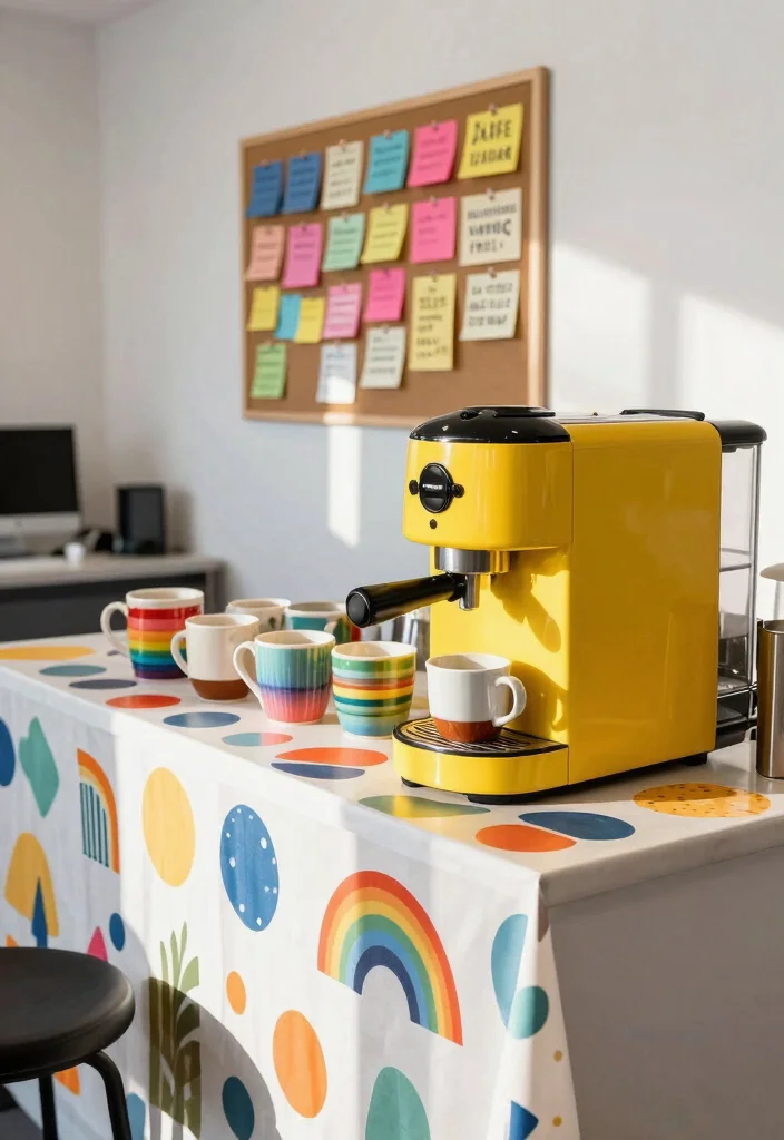 10 Coffee Bar Ideas for Office Spaces That Feel Inviting 4. Bright and Colorful Coffee Bar 0