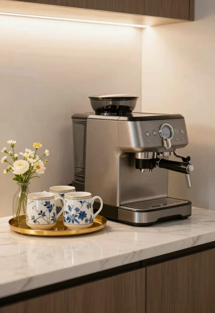 10 Coffee Bar Ideas for Office Spaces That Feel Inviting 8. Elegant Coffee Station with Luxe Touches 0