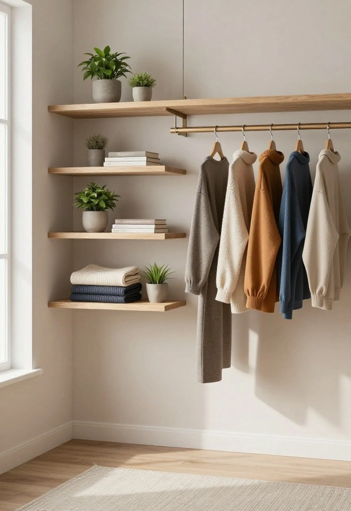 10 Exposed Closet Ideas for Modern Minimal Bedroom Style 1. Floating Shelves and Rods 0