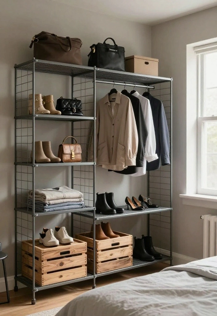 10 Exposed Closet Ideas for Modern Minimal Bedroom Style 2. Wire Racks for a Modern Edge 0