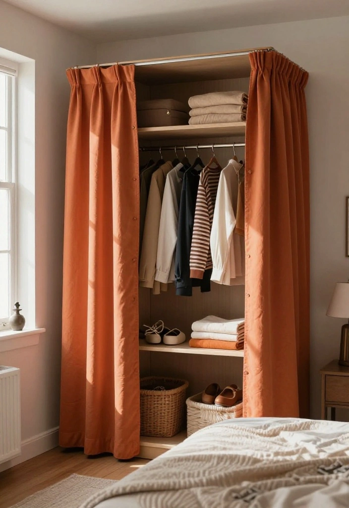 10 Exposed Closet Ideas for Modern Minimal Bedroom Style 5. Fabric Covered Open Closet 0