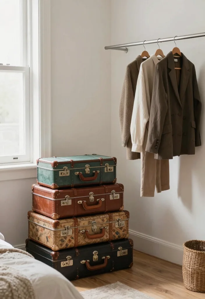 10 Exposed Closet Ideas for Modern Minimal Bedroom Style 6. Vintage Suitcase Storage 0