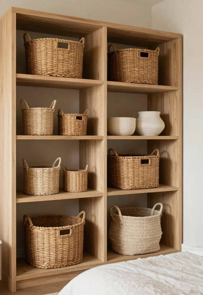 10 Exposed Closet Ideas for Modern Minimal Bedroom Style 9. Open Shelving with Baskets 0