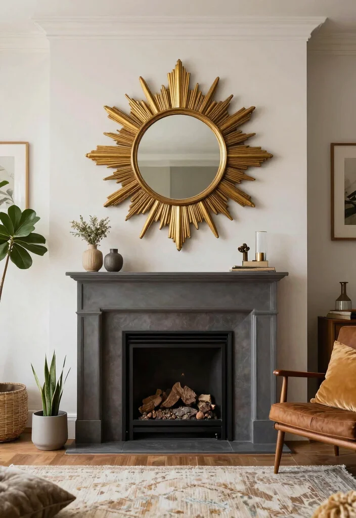 10 Fireplace Mirror Ideas to Add Light and Depth 3. Vintage Sunburst Mirrors 0