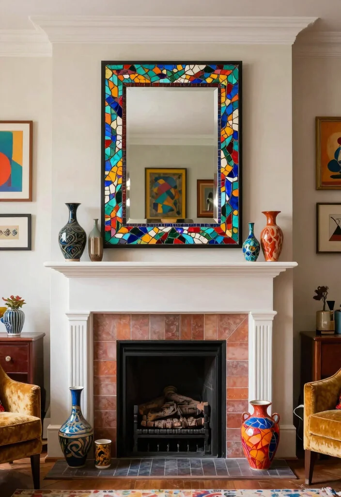 10 Fireplace Mirror Ideas to Add Light and Depth 8. Vintage Mosaic Mirrors 0