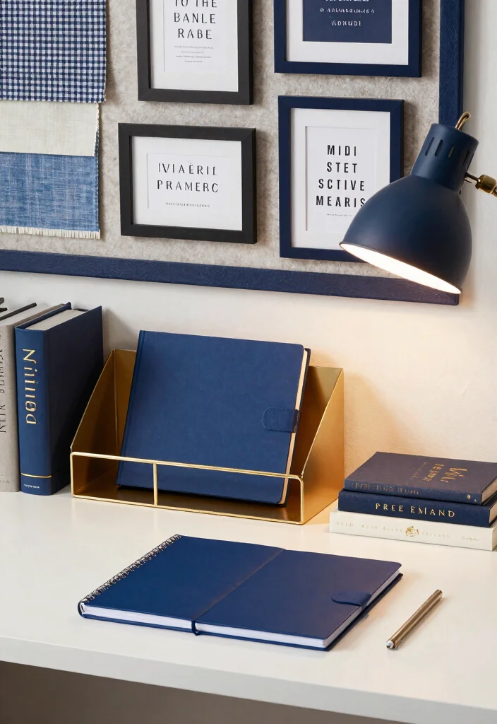 10 Navy Blue Office Ideas for Moody Professional Style 2. Stylish Office Accessories 0