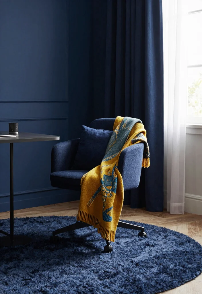 10 Navy Blue Office Ideas for Moody Professional Style 3. Layered Textiles 0