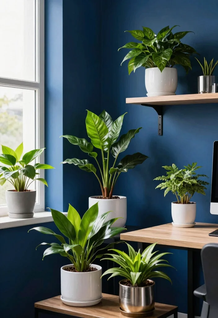 10 Navy Blue Office Ideas for Moody Professional Style 7. Incorporation of Greenery 0