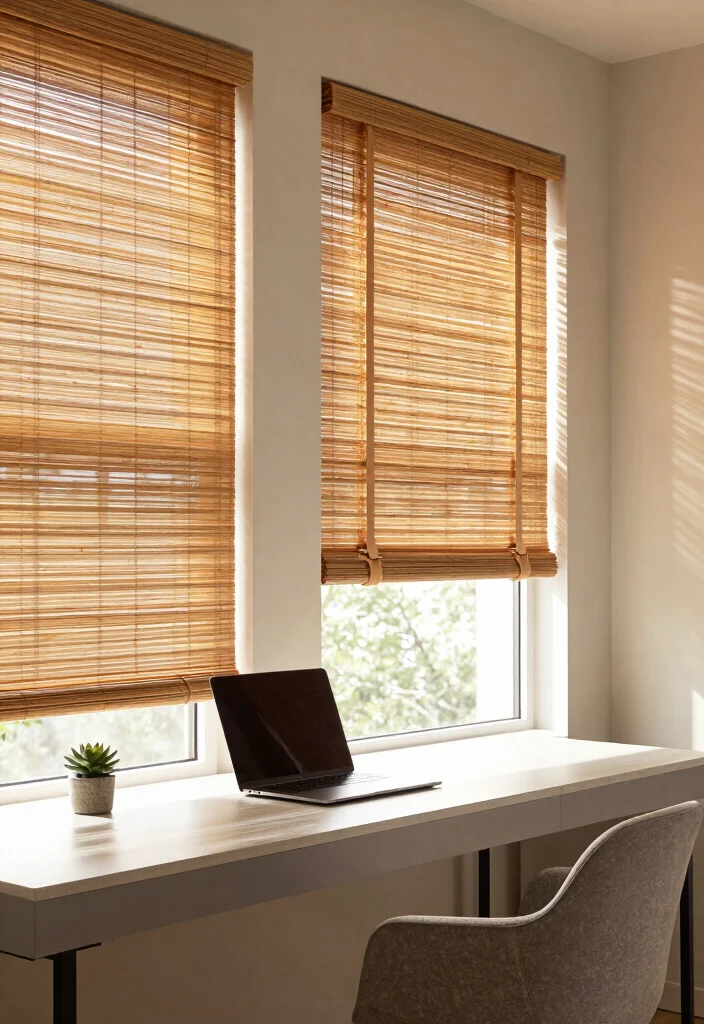 10 Office Curtain Ideas for Privacy and Soft Light Control 12 10 Office Curtain Ideas for Privacy and Soft Light Control 2. Bamboo Blinds 0