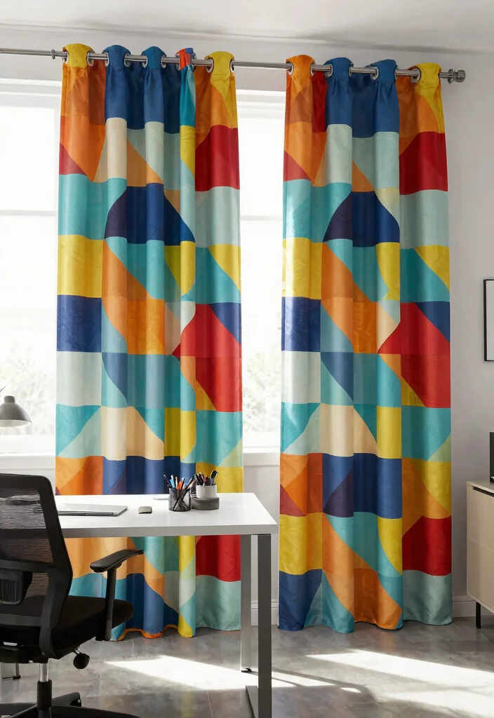 10 Office Curtain Ideas for Privacy and Soft Light Control 27 10 Office Curtain Ideas for Privacy and Soft Light Control 7. Geometric Print Curtains 0