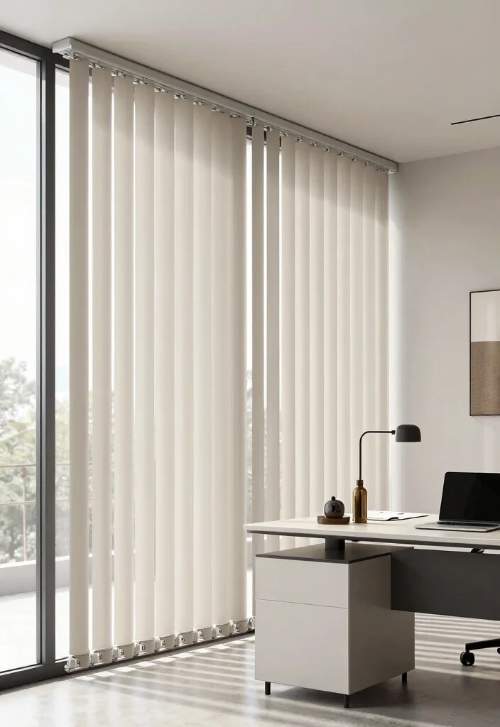 10 Office Curtain Ideas for Privacy and Soft Light Control 38 10 Office Curtain Ideas for Privacy and Soft Light Control 8. Vertical Blinds for Modern Offices 0