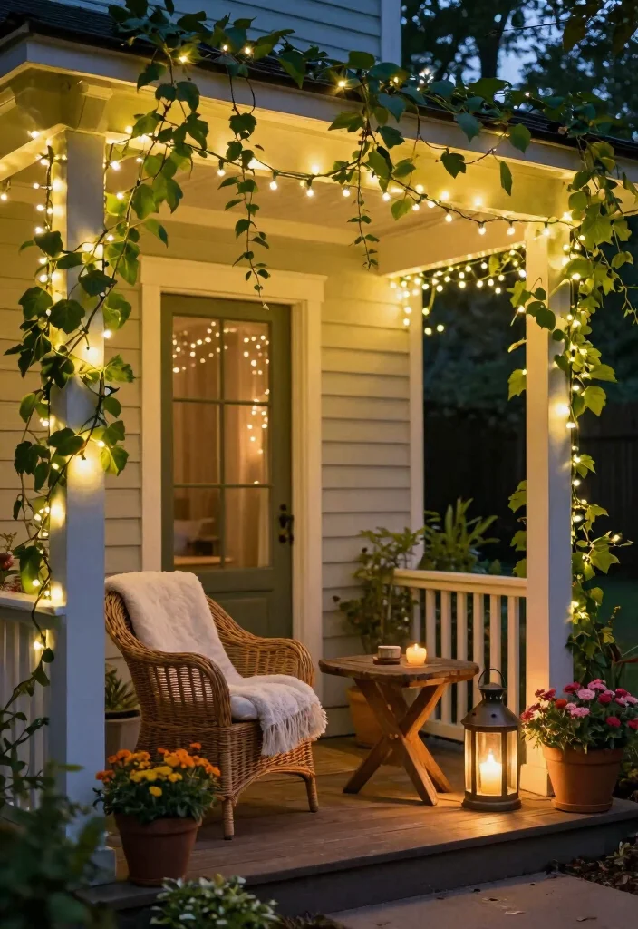 10 Small Front Entryway Exterior Ideas That Feel Inviting 1. Warm String Lights for a Magical Glow 0