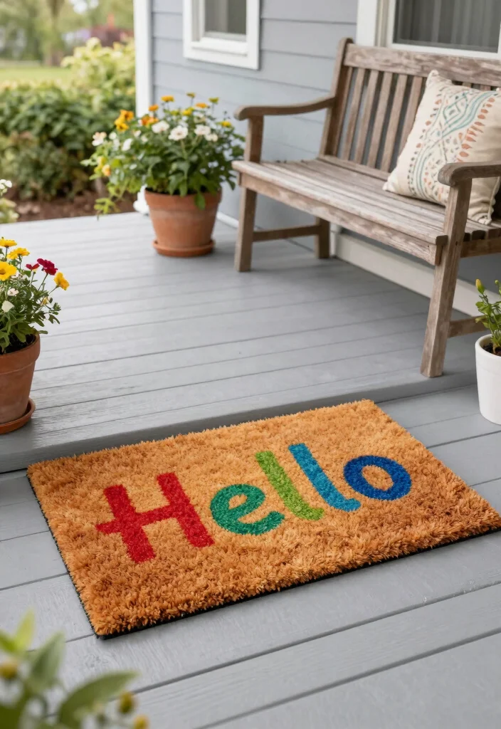 10 Small Front Entryway Exterior Ideas That Feel Inviting 2. Charming Welcome Mats that Make a Statement 0