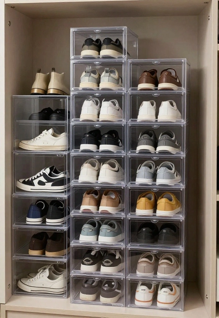10 Small Shoe Closet Ideas to Keep Footwear Neat and Easy to Grab 5. Stackable Storage Boxes 0