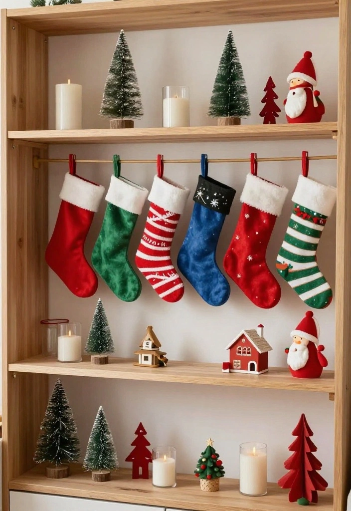 10 Stocking Ideas with No Fireplace for Creative Holiday Decor 27 10 Stocking Ideas with No Fireplace for Creative Holiday Decor 7. Shelf Displays 0