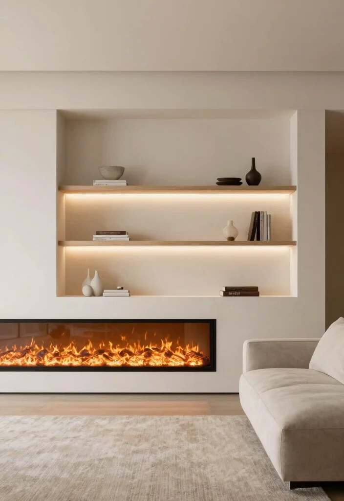 12 Built In Electric Fireplace Ideas for Modern Living Rooms 1. Floating Shelves with Integrated Lighting 0