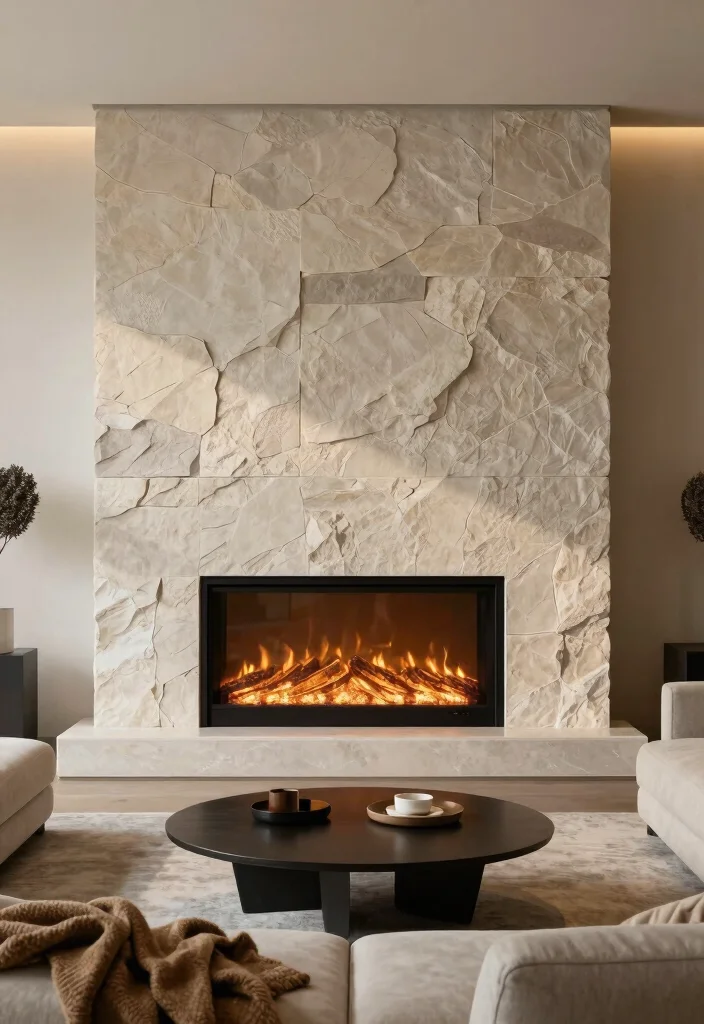 12 Built In Electric Fireplace Ideas for Modern Living Rooms 4. Minimalist Stone Surround 0