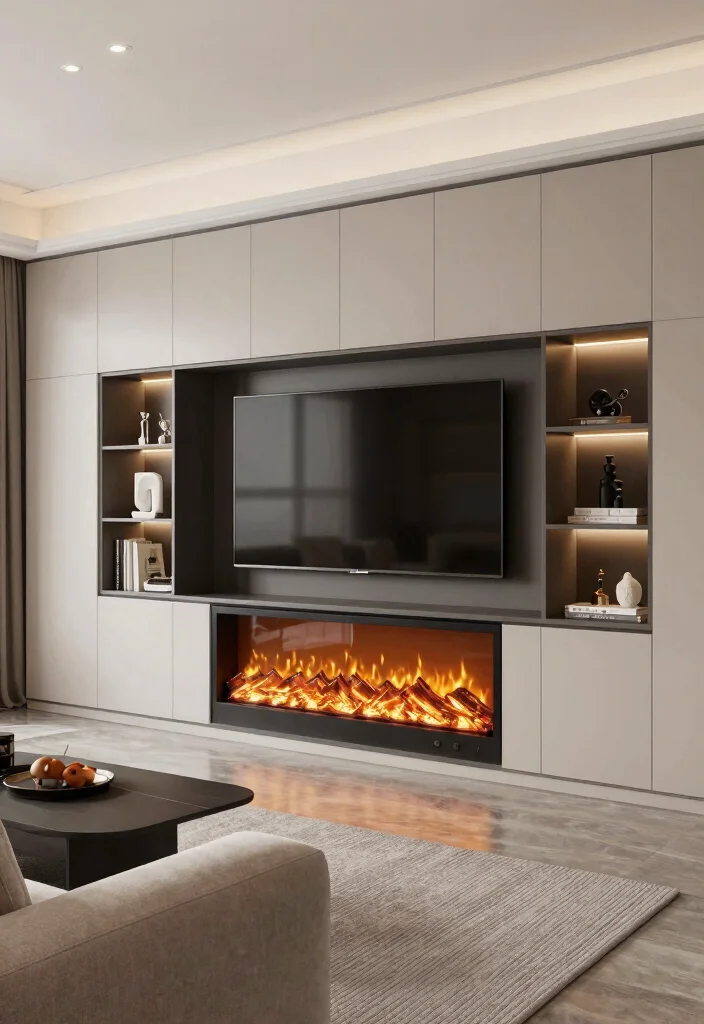 12 Built In Electric Fireplace Ideas for Modern Living Rooms 5. Multi Functional Media Center 0