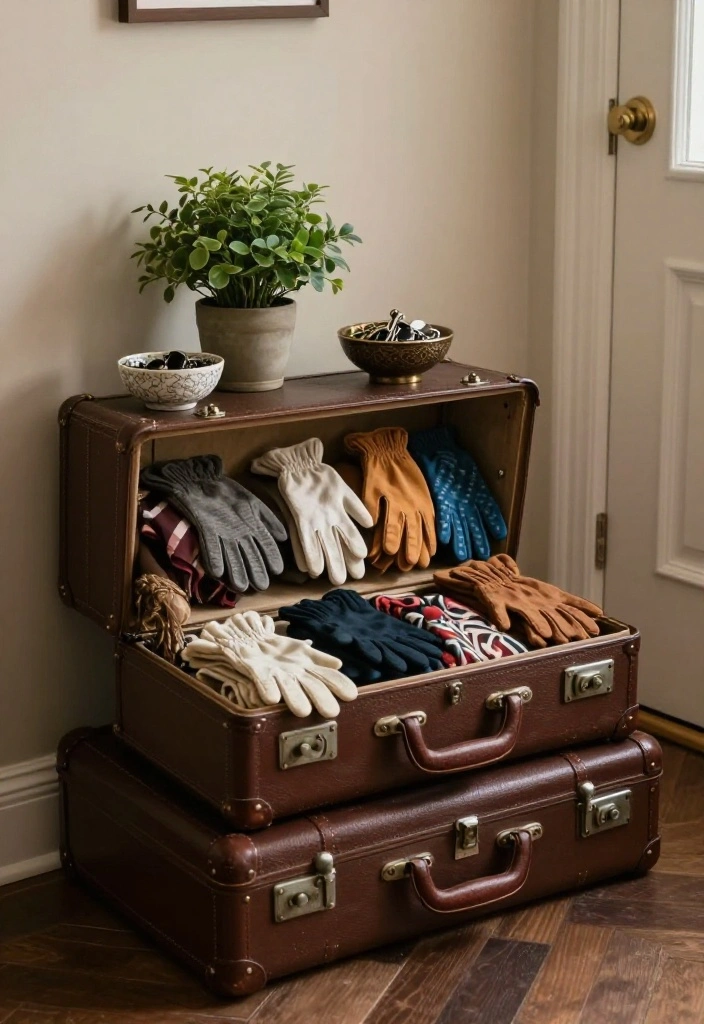12 Coat Hanging Entryway Ideas to Keep Things Organized 9. Vintage Suitcase Storage 0
