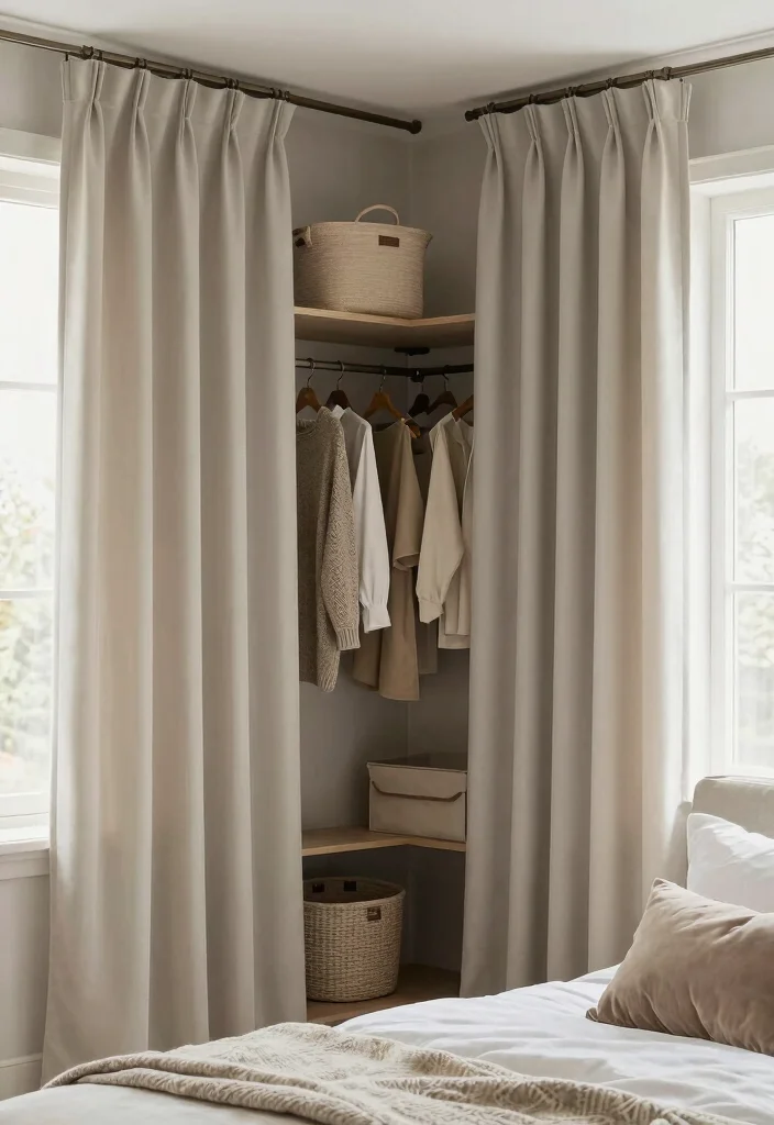 12 Corner Closet Ideas Bedrooms with Awkward Layout Solutions 14 12 Corner Closet Ideas Bedrooms with Awkward Layout Solutions 4. Chic Corner Closet with Curtain Enclosure 0