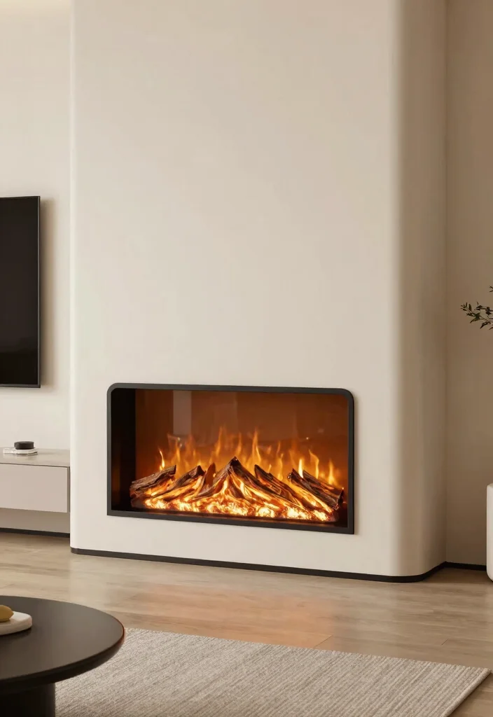 12 Electric Fireplace Ideas with TV Modern Living Rooms 11. Unique Shapes and Designs 0