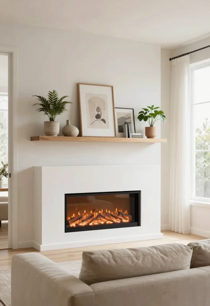 12 Electric Fireplace Ideas with TV Modern Living Rooms 2. Minimalist Floating Shelf Combos 0