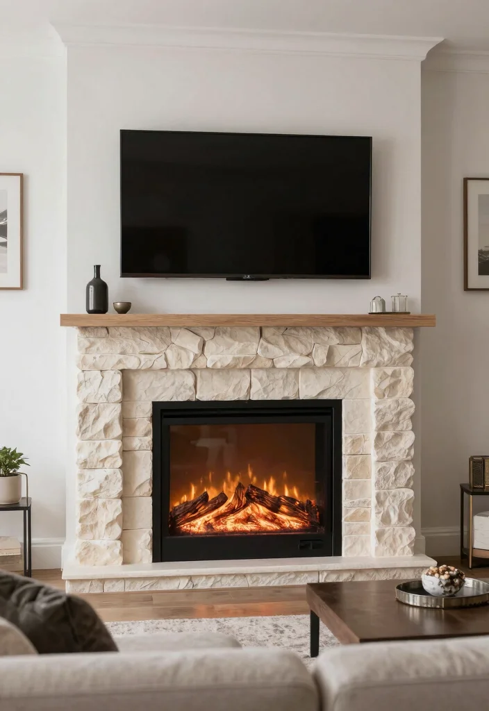 12 Electric Fireplace Ideas with TV Modern Living Rooms 8. Decorative Stone Surrounds 0