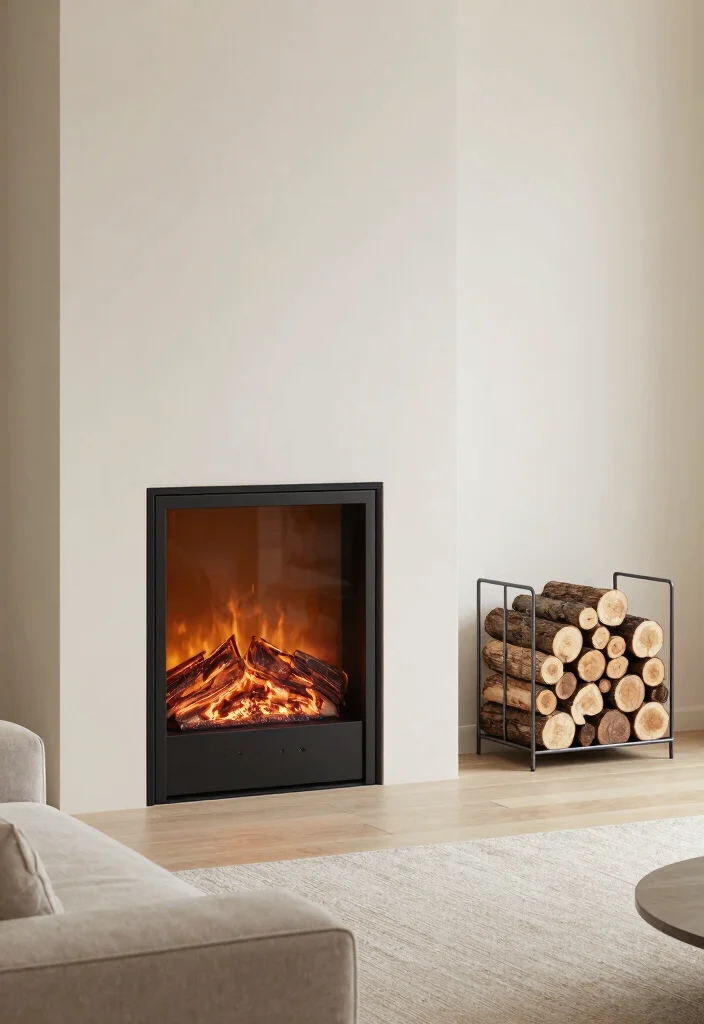 12 Electric Fireplace Wall Ideas for Statement Design 12. Minimalist Firewood Storage 0
