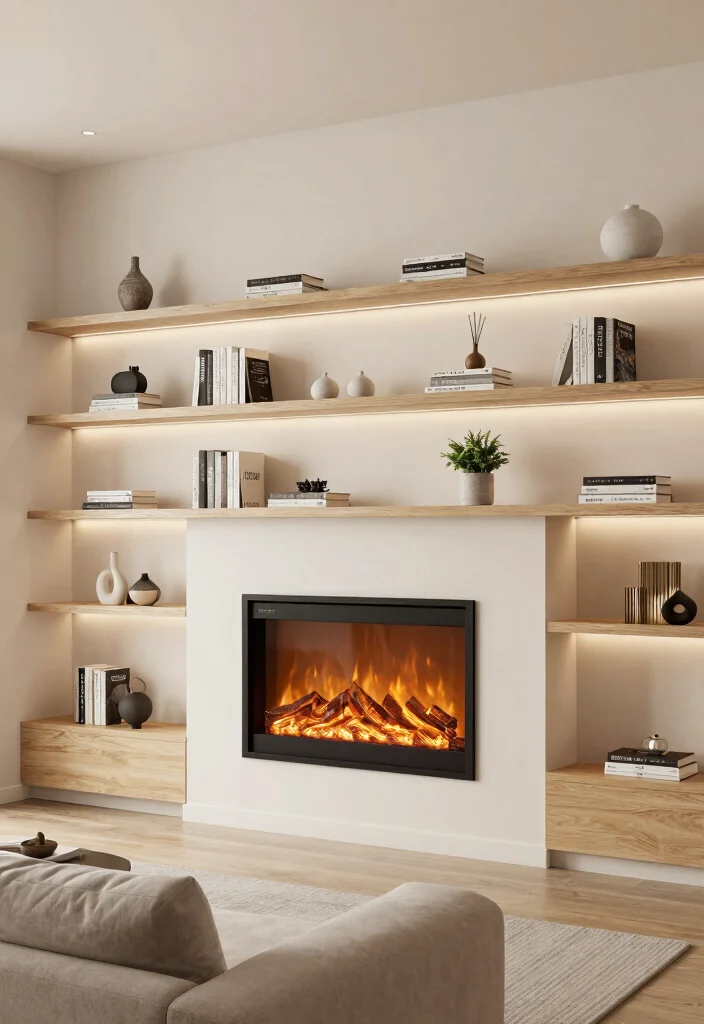 12 Electric Fireplace Wall Ideas for Statement Design 3. Floating Shelves and Fireplaces 0