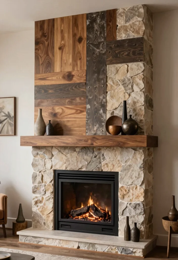 12 Fireplace Accent Wall Ideas for Strong Visual Focus 11. Mixed Materials 0