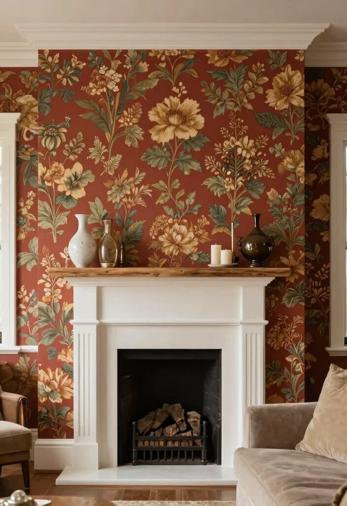 12 Fireplace Accent Wall Ideas for Strong Visual Focus 4. Vintage Wallpaper 0