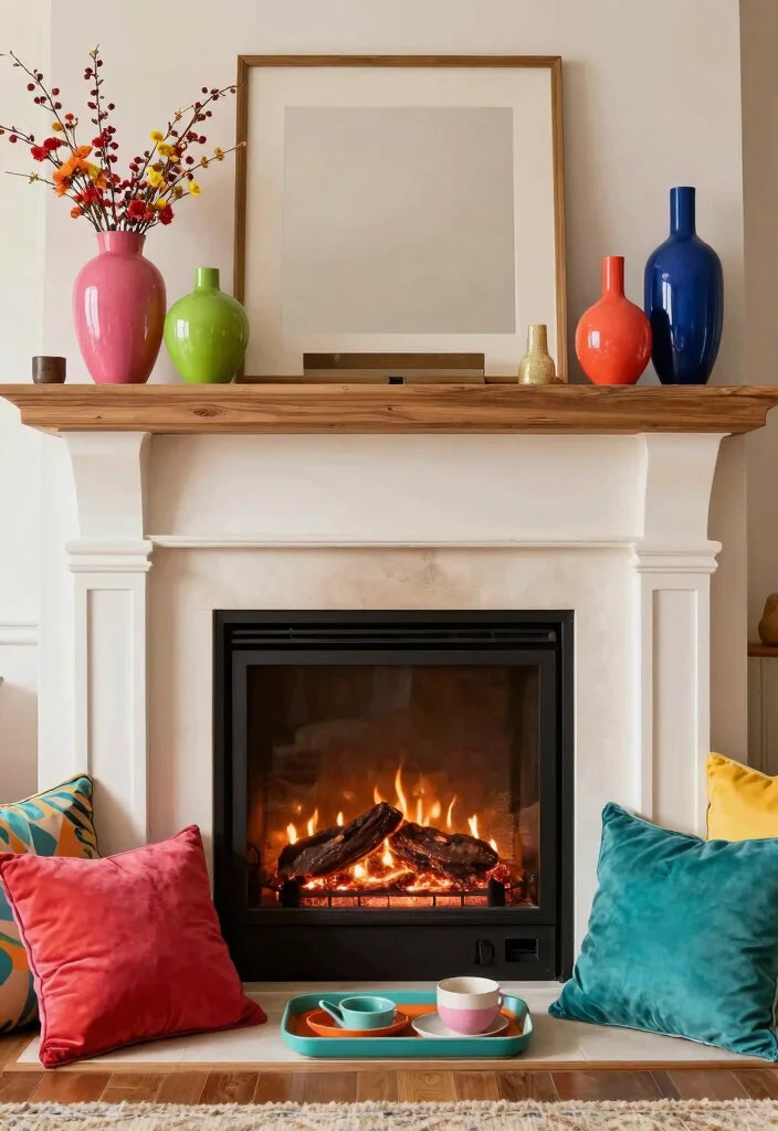 12 Fireplace Decoration Ideas for Everyday Styling 51 12 Fireplace Decoration Ideas for Everyday Styling 11. Colorful Accent Pieces 0