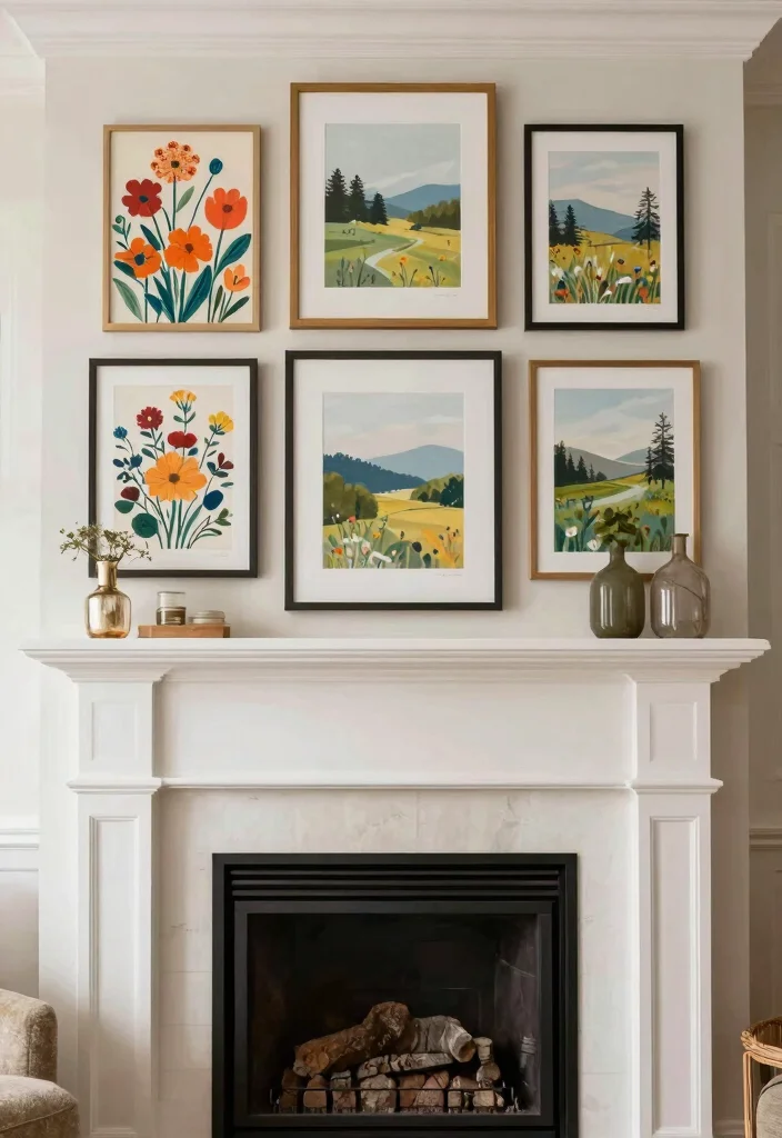12 Fireplace Decoration Ideas for Everyday Styling 39 12 Fireplace Decoration Ideas for Everyday Styling 9. Seasonal Artwork Swaps 0