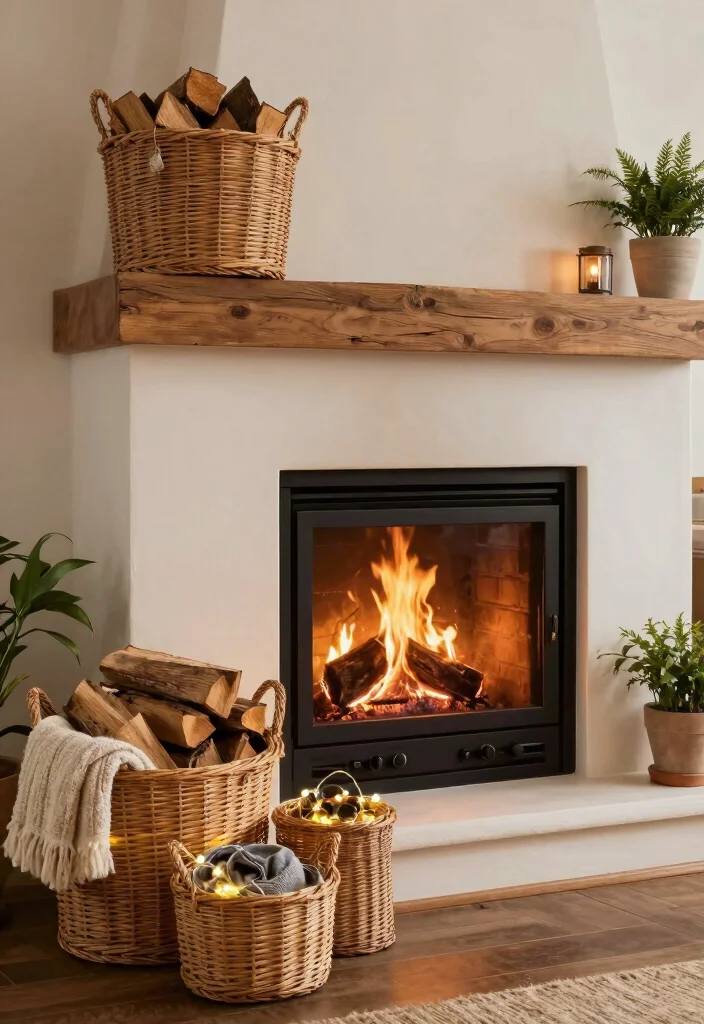 12 Fireplace Hearth Decor Ideas to Finish the Space Beautifully 13 12 Fireplace Hearth Decor Ideas to Finish the Space Beautifully 3. Decorative Baskets 0