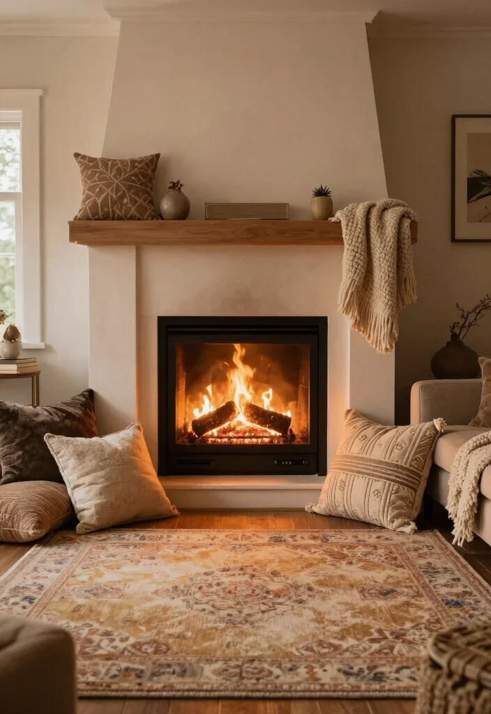 12 Fireplace Room Ideas for Comfortable Layout Planning 8. Soft Textures Enhancing Comfort 0