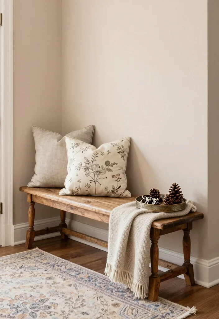 12 French Country Entryway Ideas with Soft Rustic Charm 1. Vintage Bench with Pillows 0