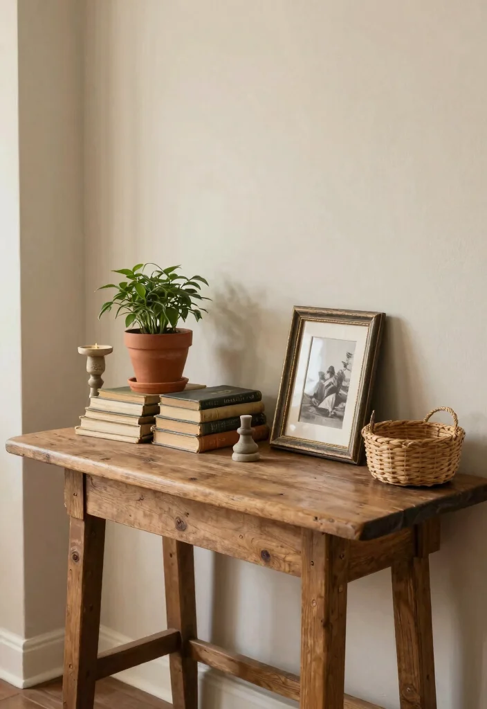 12 French Country Entryway Ideas with Soft Rustic Charm 2. Rustic Table with Decorative Accents 0