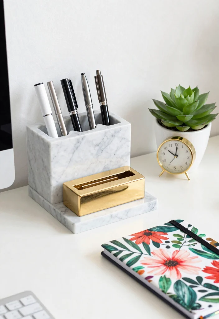 12 Glam Office Ideas with Polished Feminine Style 2. Stylish Desk Accessories 0