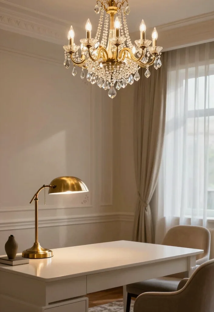 12 Glam Office Ideas with Polished Feminine Style 4. Luxe Lighting Options 0