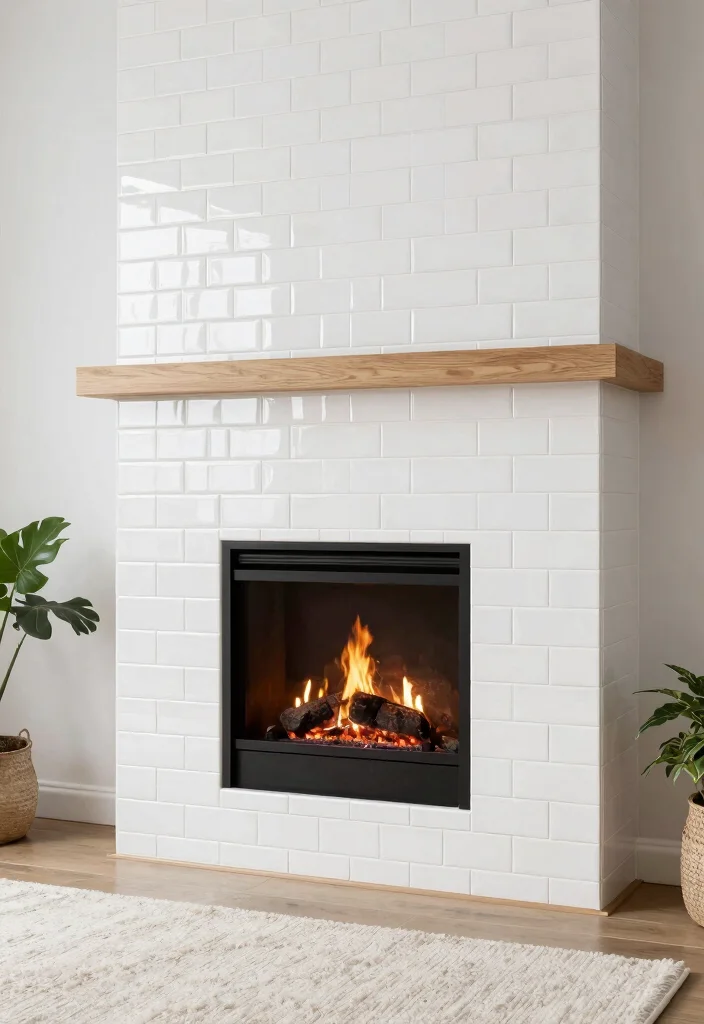 12 Modern Fireplace Tile Ideas with Sleek Visual Impact 1. Glossy White Subway Tiles 0
