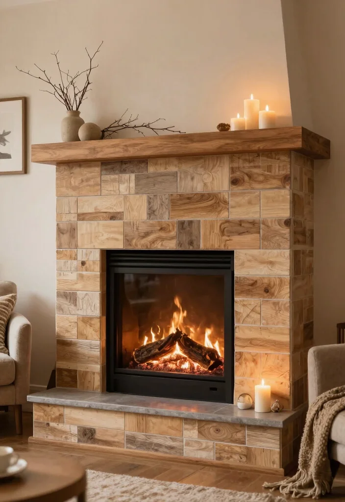 12 Modern Fireplace Tile Ideas with Sleek Visual Impact 11. Natural Wood Look Tiles 0