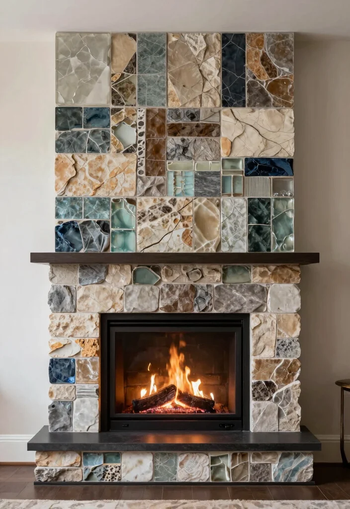 12 Modern Fireplace Tile Ideas with Sleek Visual Impact 12. Combined Material Tiles 0