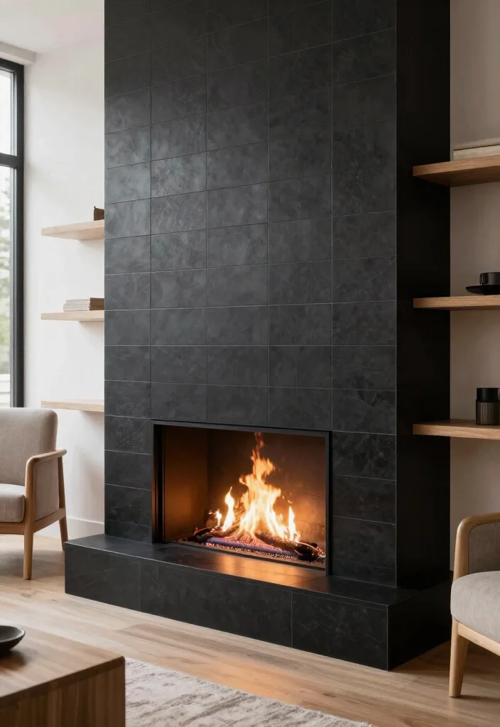 12 Modern Fireplace Tile Ideas with Sleek Visual Impact 2. Matte Black Tiles 0