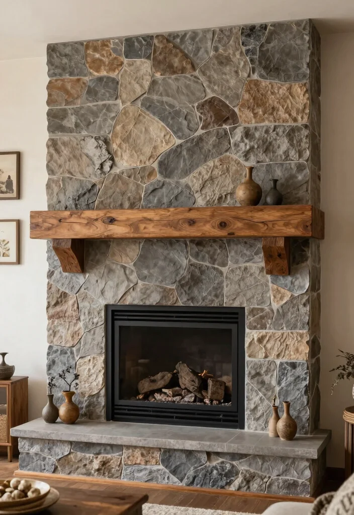 12 Modern Fireplace Tile Ideas with Sleek Visual Impact 3. Textured Stone Tiles 0