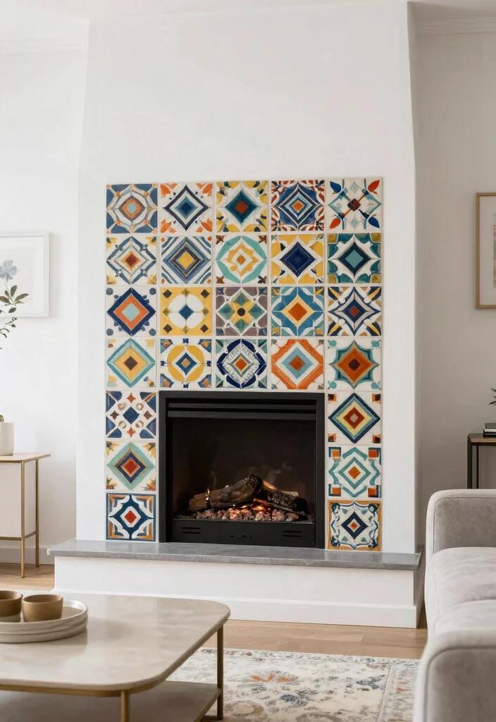 12 Modern Fireplace Tile Ideas with Sleek Visual Impact 5. Geometric Patterned Tiles 0