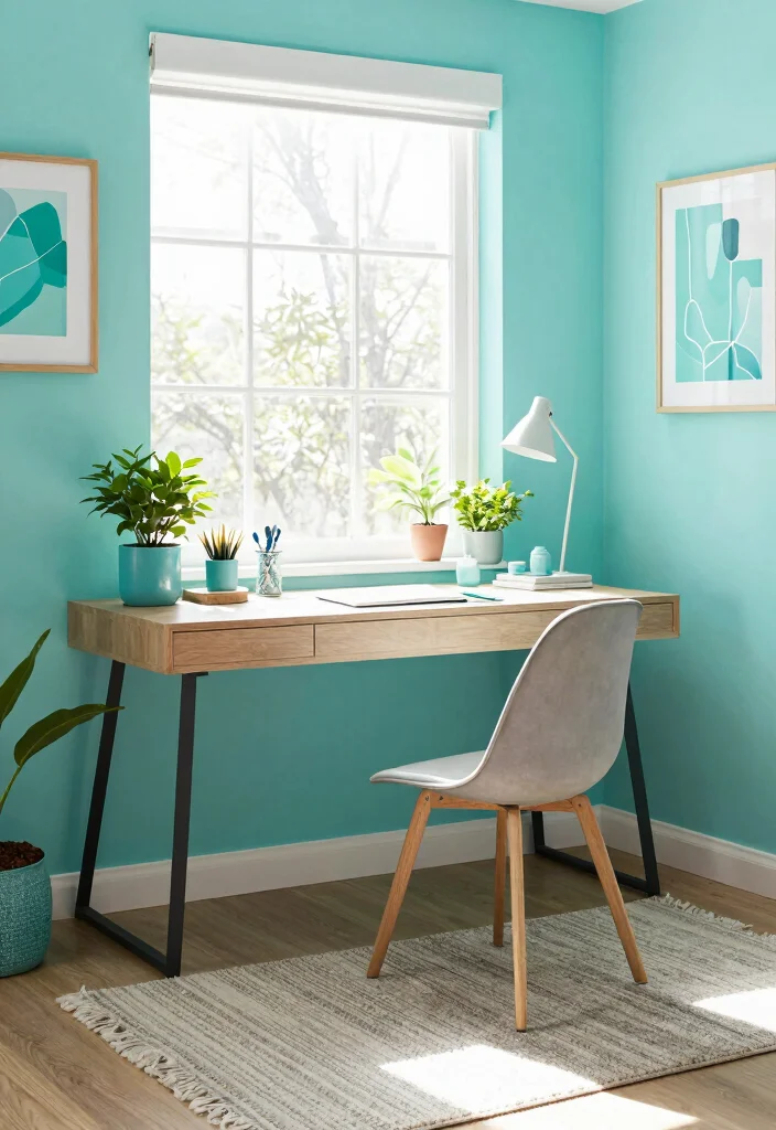 12 Office Wall Color Ideas That Support Productivity 27 12 Office Wall Color Ideas That Support Productivity 7. Refreshing Aqua 0