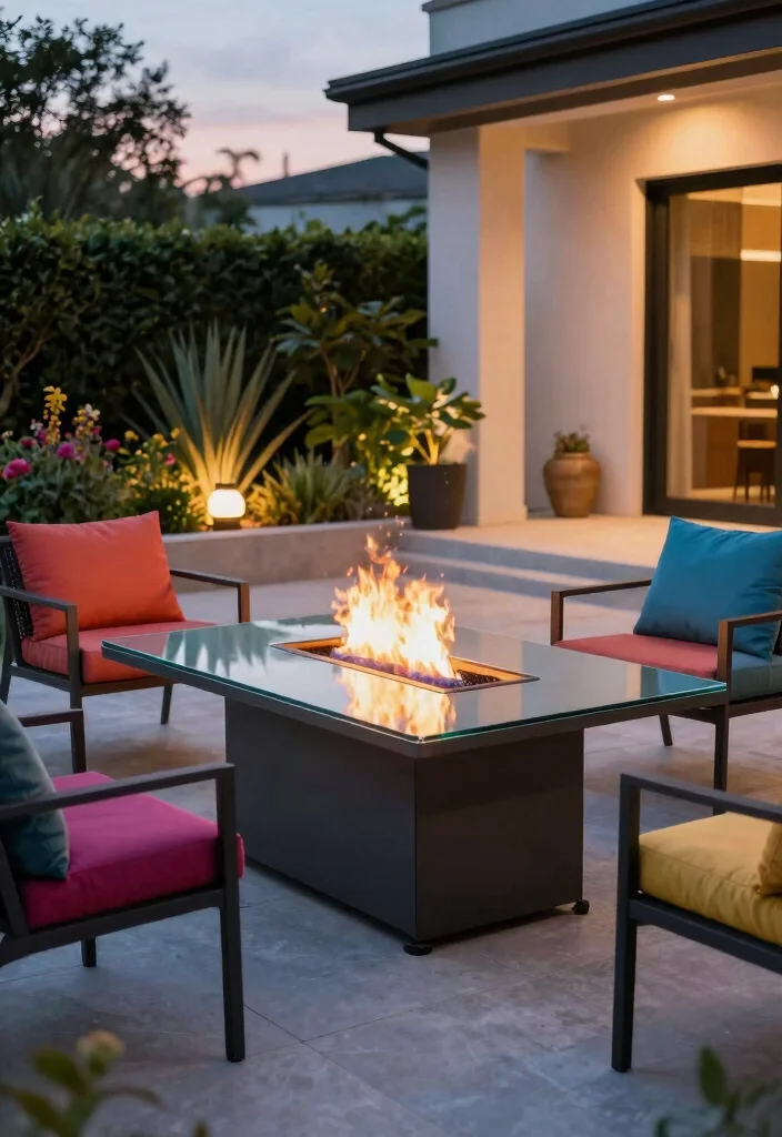 12 Outside Fireplace Ideas for Cozy Outdoor Living 2. Contemporary Fire Pit Table 0